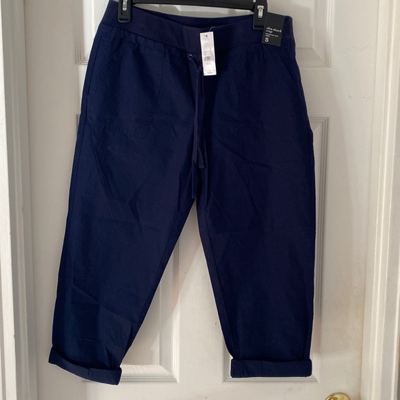 New navy blue slim low waist crop pants w/tie waistband-smoke free home - Picture 1 of 3